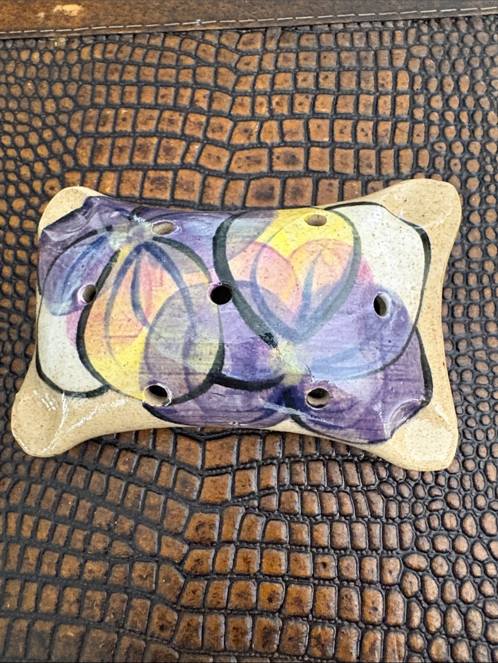 Artist Signed Ceramic Flower Frog Flower Pillow in Purple and Yellow